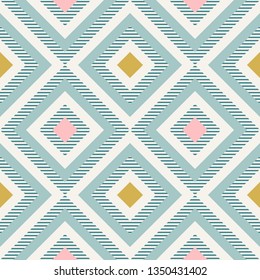 Abstract Geometry In Retro Colors, Diamond Shapes Geo Pattern. Seamless Vector Pattern. Mint And Coral Pink Background. Fashion Fabric Pattern Design.