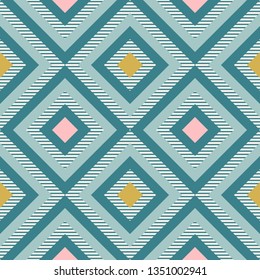 Abstract geometry in retro colors, diamond shapes geo pattern. Seamless vector pattern. Mint and coral pink background. Fashion fabric pattern design. Retro mid century wallpapers