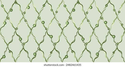 Abstract geometry rhomb grid design element. Soft green plant element on green background. Floral seamless pattern vector illustration. Fantasy garden ornament for decor clothes, home.