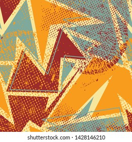 Abstract geometry seamless pattern with curved shapes, grunge backdrop.