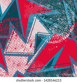 Abstract geometry seamless pattern with curved shapes, grunge backdrop.