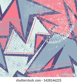 Abstract geometry seamless pattern with curved shapes, grunge backdrop.