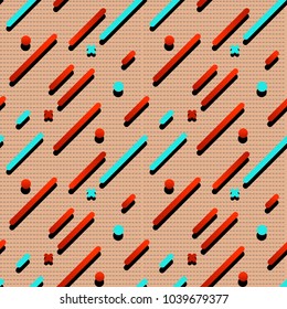 Abstract geometry seamless pattern design. Vector illustration. Modern texture concept wallpaper. Red and blue color stripes on beige background. Objects with shadow in flat style. Package print image