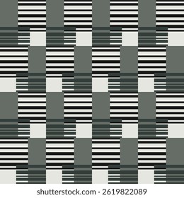 Abstract geometry seamless pattern. Mosaic square tile. Rectangles and lines in shades of grey and green. Complicated texture background. Grid of intertwined straight lines