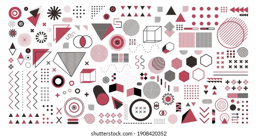 Abstract geometry set object in pink color. A bundle 100 geometric design arts. Memphis design, retro elements for web, vintage, advertisement, commercial banner, poster, leaflet, billboard, sale