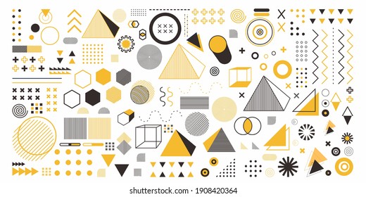 Abstract geometry set object in yellow color. A bundle 100 geometric design arts. Memphis design, retro elements for web, vintage, advertisement, commercial banner, poster, leaflet, billboard, sale