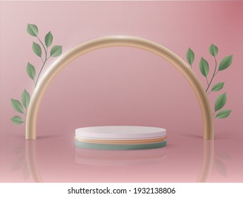 Fondo de forma de geometría abstracta. diseño de escenario podio minimalista con arco dorado y hojas. representación 3d del vector de fondo con el podio. para la demostración de productos cosméticos.