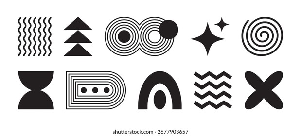 Ícone de forma de geometria abstrata, estilo de figura brutalista, conjunto de linhas retro orgânico. Bauhaus forma moderna. Adesivo futurista mínimo, rótulo futurismo preto y2k isolado no saco branco. Ilustração de vetor simples