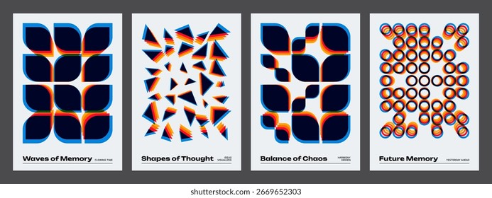 Abstract geometry shapes in poster design set. Modern vector illustration for wall art, print, and graphic design. Retro visual aesthetic.