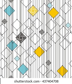 Abstract geometry from squares and lines in black, blue, yellow and gray. A seamless pattern on a white background.