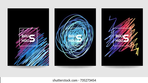 Resumen de folletos de estilo geométrico, afiches, portadas, plantillas de carteles con Bauhaus, Memphis y gráfico hipster. Ilustraciones vectoriales.