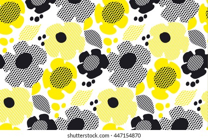 abstract geometry summer floral seamless pattern in black and yellow colors. vector illustration for wrapping paper, background, wallpaper, fabric