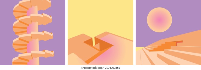 Abstract geometry surreal city pop architectural landscape minimalist illustration vector art set for social media, poster, postcards, print, wall art aesthetic flat design sunset desert