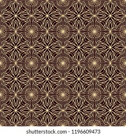 Abstract geometry tessellation seamless pattern tiles gold on red. Vector illustration. Can be used for textile design, wrapping paper, pattern fills, background, surface textures, floor tiles 
