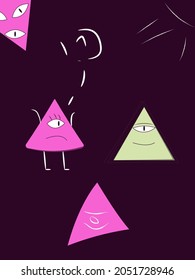 Abstract geometry triangle characters on purple background. Vector neon colors creative art. Wallpaper artwork with simple minimalist shapes