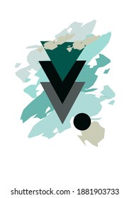 Abstrakte Wanddekorationen der Geometrie sind Heimat. Minimale grüne, weiche pastellfarbene Tapete. Die Einrichtung ist im skandinavischen Stil gehalten. Vektorgrafik.