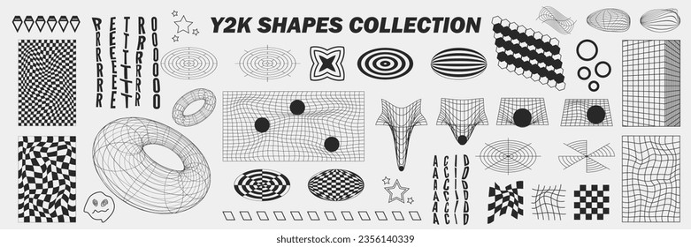 Abstract geometry wireframe shapes and patterns, cyberpunk elements, signs and perspective grids. Surreal geometric retro signs. Rave psychedelic futuristic Y2k acid aesthetic set. Vector illustration