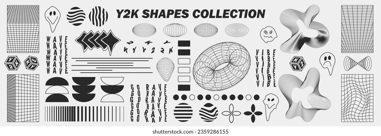 Geometría abstracta de las formas y patrones de los alambres, elementos ciberpunk, signos y cuadrículas de perspectiva. Signos retro geométricos surrealistas. Rave psicodelic futurista conjunto estético de ácido Y2k. Ilustración del vector