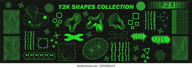 Abstract geometry wireframe shapes and patterns, cyberpunk elements, signs and perspective grids. Surreal geometric retro signs. Rave psychedelic futuristic Y2k acid aesthetic set. Vector illustration