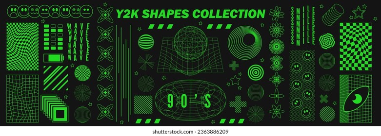 Abstract geometry wireframe shapes and patterns, cyberpunk elements, signs and perspective grids. Surreal geometric retro signs. Rave psychedelic futuristic Y2k acid aesthetic set. Vector illustration
