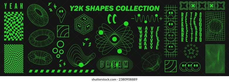 Abstract geometry wireframe shapes and patterns, cyberpunk elements, signs and perspective grids. Surreal geometric retro signs. Rave psychedelic futuristic Y2k acid aesthetic set. Vector illustration