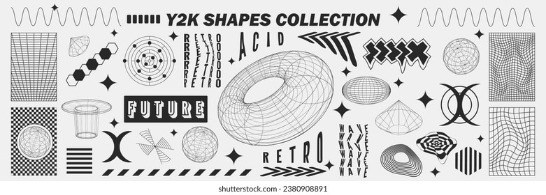 Abstract geometry wireframe shapes and patterns, cyberpunk elements, signs and perspective grids. Surreal geometric retro signs. Rave psychedelic futuristic Y2k acid aesthetic set. Vector illustration