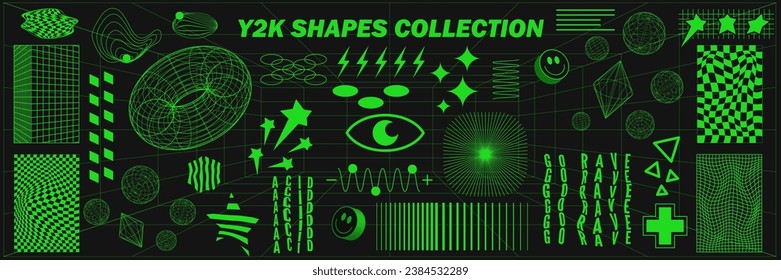 Abstract geometry wireframe shapes and patterns, cyberpunk elements, signs and perspective grids. Surreal geometric retro signs. Rave psychedelic futuristic Y2k acid aesthetic set. Vector illustration