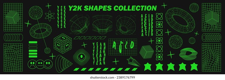 Abstract geometry wireframe shapes and patterns, cyberpunk elements, signs and perspective grids. Surreal geometric retro signs. Rave psychedelic futuristic Y2k acid aesthetic set. Vector illustration