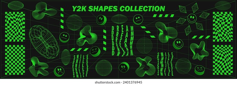 Abstract geometry wireframe shapes and patterns, cyberpunk elements, signs and perspective grids. Surreal geometric retro signs. Rave psychedelic futuristic Y2k acid aesthetic set. Vector illustration