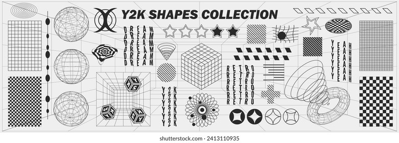 Abstract geometry wireframe shapes and patterns, cyberpunk elements, signs and perspective grids. Surreal geometric retro signs. Rave psychedelic futuristic Y2k acid aesthetic set. Vector illustration