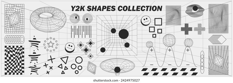 Geometría abstracta de formas y patrones de alambres, elementos cyberpunk, signos y cuadrículas en perspectiva. Signos retro geométricos surrealistas. Rave psicodélico futurista Y2k ácido conjunto de estética. Ilustración de vector