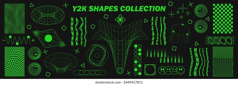 Abstract geometry wireframe shapes and patterns, cyberpunk elements, signs and perspective grids. Surreal geometric retro signs. Rave psychedelic futuristic Y2k acid aesthetic set. Vector illustration