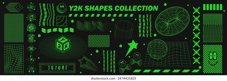 Abstract geometry wireframe shapes and patterns, cyberpunk elements, signs and perspective grids. Surreal geometric retro signs. Rave psychedelic futuristic Y2k acid aesthetic set. Vector illustration
