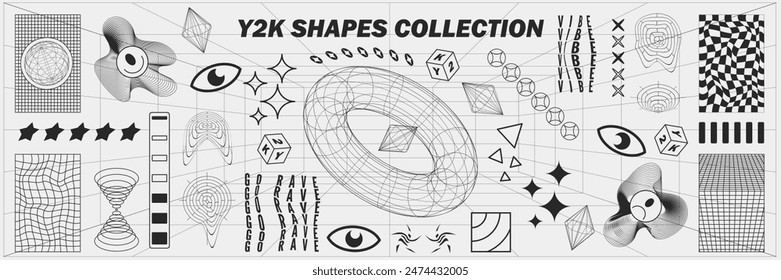 Abstract geometry wireframe shapes and patterns, cyberpunk elements, signs and perspective grids. Surreal geometric retro signs. Rave psychedelic futuristic Y2k acid aesthetic set. Vector illustration