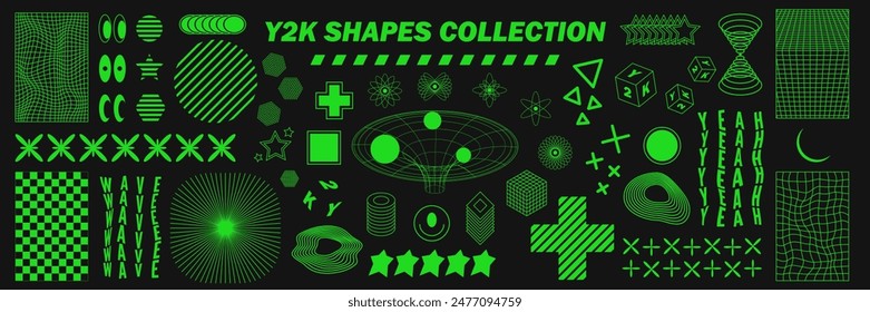 Abstract geometry wireframe shapes and patterns, cyberpunk elements, signs and perspective grids. Surreal geometric retro signs. Rave psychedelic futuristic Y2k acid aesthetic set. Vector illustration