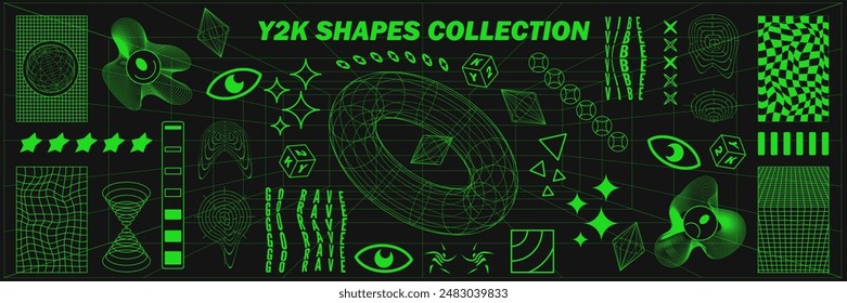 Abstract geometry wireframe shapes and patterns, cyberpunk elements, signs and perspective grids. Surreal geometric retro signs. Rave psychedelic futuristic Y2k acid aesthetic set. Vector illustration