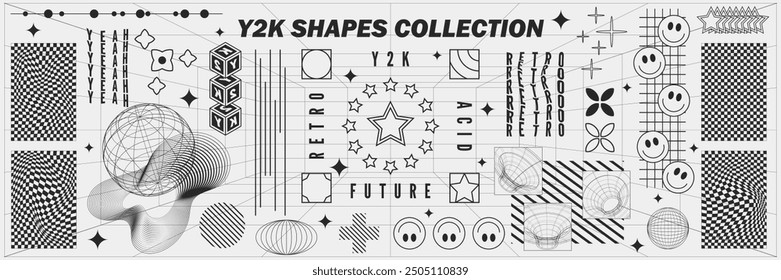 Abstract geometry wireframe shapes and patterns, cyberpunk elements, signs and perspective grids. Surreal geometric retro signs. Rave psychedelic futuristic Y2k acid aesthetic set. Vector illustration