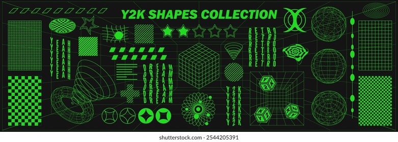 Abstract geometry wireframe shapes and patterns, cyberpunk elements, signs and perspective grids. Surreal geometric retro signs. Rave psychedelic futuristic Y2k acid aesthetic set. Vector illustration