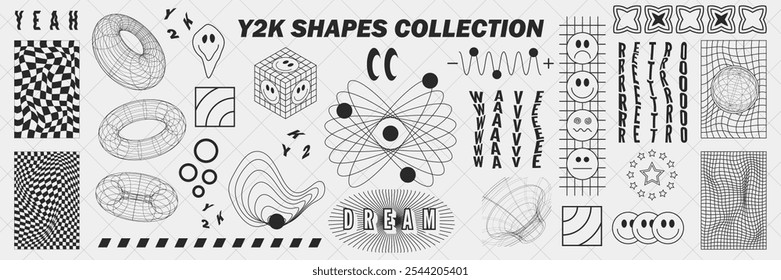 Abstract geometry wireframe shapes and patterns, cyberpunk elements, signs and perspective grids. Surreal geometric retro signs. Rave psychedelic futuristic Y2k acid aesthetic set. Vector illustration