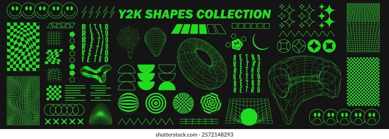 Abstract geometry wireframe shapes and patterns, cyberpunk elements, signs and perspective grids. Surreal geometric retro signs. Rave psychedelic futuristic Y2k acid aesthetic set. Vector illustration