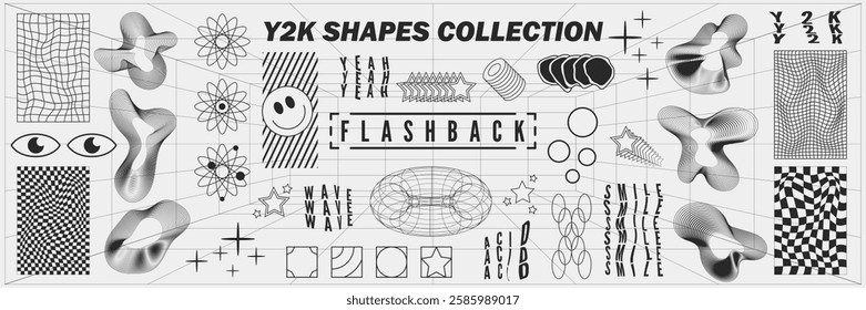 Abstract geometry wireframe shapes and patterns, cyberpunk elements, signs and perspective grids. Surreal geometric retro signs. Rave psychedelic futuristic Y2k acid aesthetic set. Vector illustration