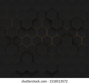 Abstract ghexagonal background. Gold Neon Backdrop. Futuristic technology concept. 3d vector illustration. Hex geometry pattern. Carbon cells.