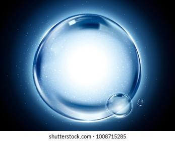Abstract giant bubbles element, clear bubbles with glitter light in blue, 3d illustration