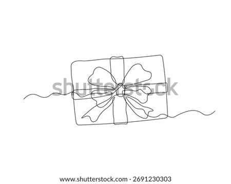 Abstract gift box with ribbon bow, continuous single line art hand drawing sketch, logo on white background