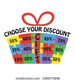 Abstract gift consisting of puzzles on which discounts. A colorful element for advertising.