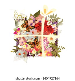 Abstract gift with flowers and butterflies. Vector illustration