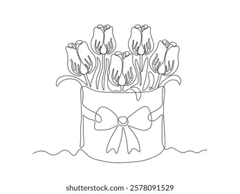 Abstract gift hat box with bow with bouquet of tulip flowers, continuous single one line art hand drawing sketch logo