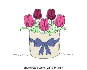 Abstract gift hat box with bow with bouquet of tulip flowers, continuous single one line art hand drawing sketch logo