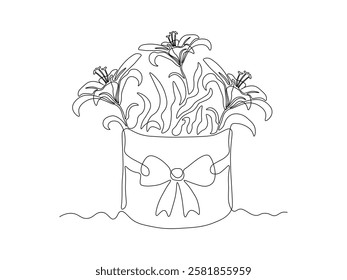 Abstract gift hat box with bow with bouquet of lily flowers, continuous single one line art hand drawing sketch logo