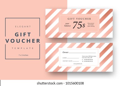 Abstract gift voucher card template. Modern discount coupon or certificate layout with bronze geometric stripe pattern. Vector fashion bright background design with information sample text.